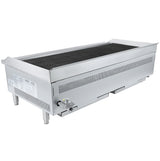 This Empura charbroiler is a commercial stainless steel gas countertop grill with black grates, control knobs on one side, and side ventilation slits. Raised on short legs, it features a sleek, industrial design perfect for any professional kitchen.