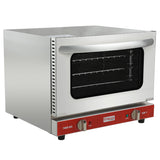 A stainless steel exterior countertop electric oven with a glass front door. The convection oven features two black racks inside and a red control panel with TIMER and TEMP knobs. The Empura brand name is visible on the front.