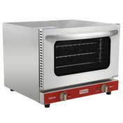 A stainless steel exterior countertop electric oven with a glass front door. The convection oven features two black racks inside and a red control panel with TIMER and TEMP knobs. The Empura brand name is visible on the front.