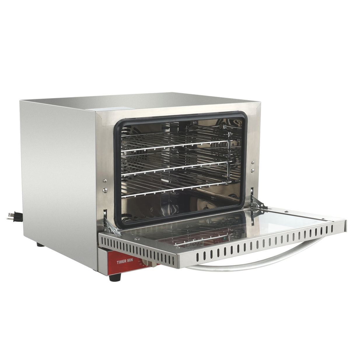 A countertop electric oven with a stainless steel exterior features a glass door that opens downward, revealing multiple metal racks inside. Its convection oven design includes a reflective interior, visible power cord, and timer knob control panel on the front.
