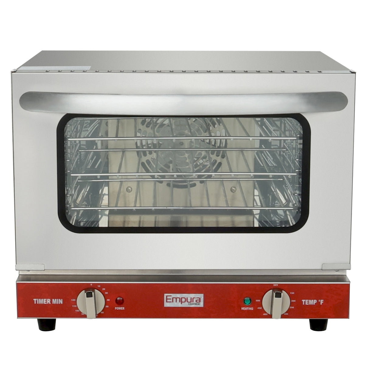 A stainless steel exterior convection oven with a clear glass door, three interior wire racks, and a red control panel featuring two dials labeled Timer Min and Temp °F, plus indicator lights. The Empura brand is centered for easy identification.