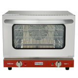 A stainless steel exterior convection oven with a clear glass door, three interior wire racks, and a red control panel featuring two dials labeled Timer Min and Temp °F, plus indicator lights. The Empura brand is centered for easy identification.