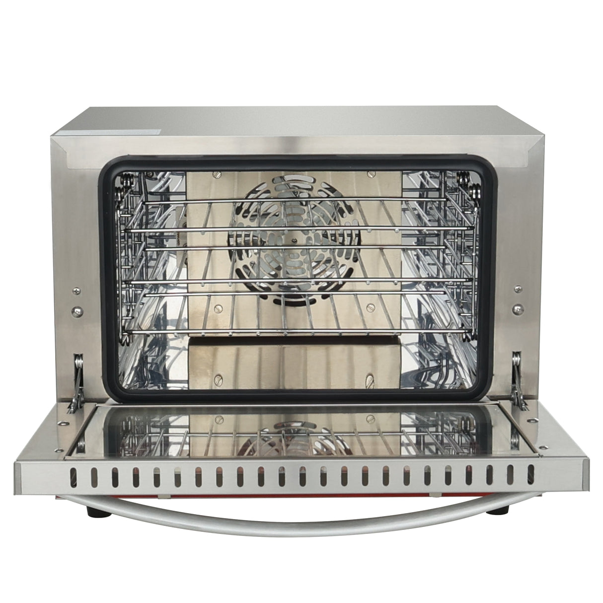 A countertop electric oven with a stainless steel exterior sits open, revealing multiple metal racks and a circular fan at the back for powerful convection. Its sleek, modern design features reflective surfaces that complement any kitchen.
