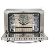 A countertop electric oven with a stainless steel exterior sits open, revealing multiple metal racks and a circular fan at the back for powerful convection. Its sleek, modern design features reflective surfaces that complement any kitchen.