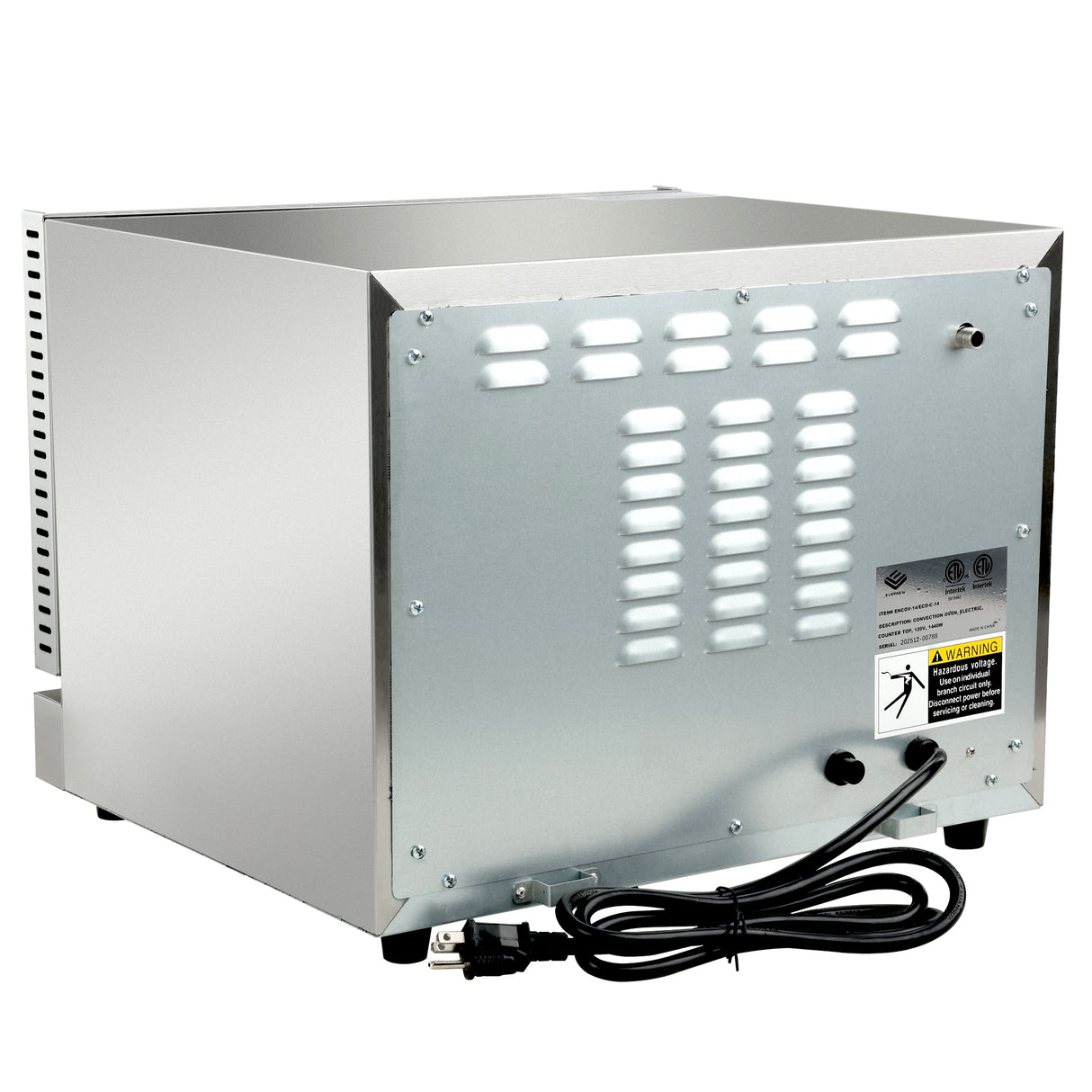 A countertop electric oven with a stainless steel exterior is shown from the back. It features ventilation slots, warning labels, and a coiled two-prong power cord at the base, all set against a plain background.
