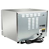 A countertop electric oven with a stainless steel exterior is shown from the back. It features ventilation slots, warning labels, and a coiled two-prong power cord at the base, all set against a plain background.