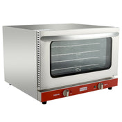 A stainless steel exterior countertop electric oven with a transparent front door reveals multiple wire racks. The red control panel features two knobs for timer and temperature adjustment, with the brand logo centered between them.