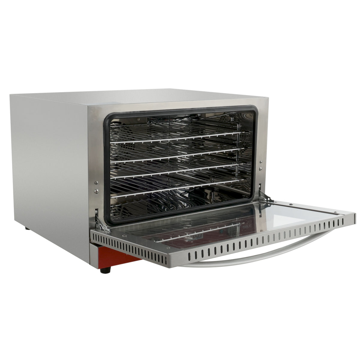 A stainless steel exterior convection oven with a glass door opens forward, revealing multiple metal racks inside. The boxy countertop electric oven sits on small black feet, with a spacious, reflective interior ideal for commercial or home use.