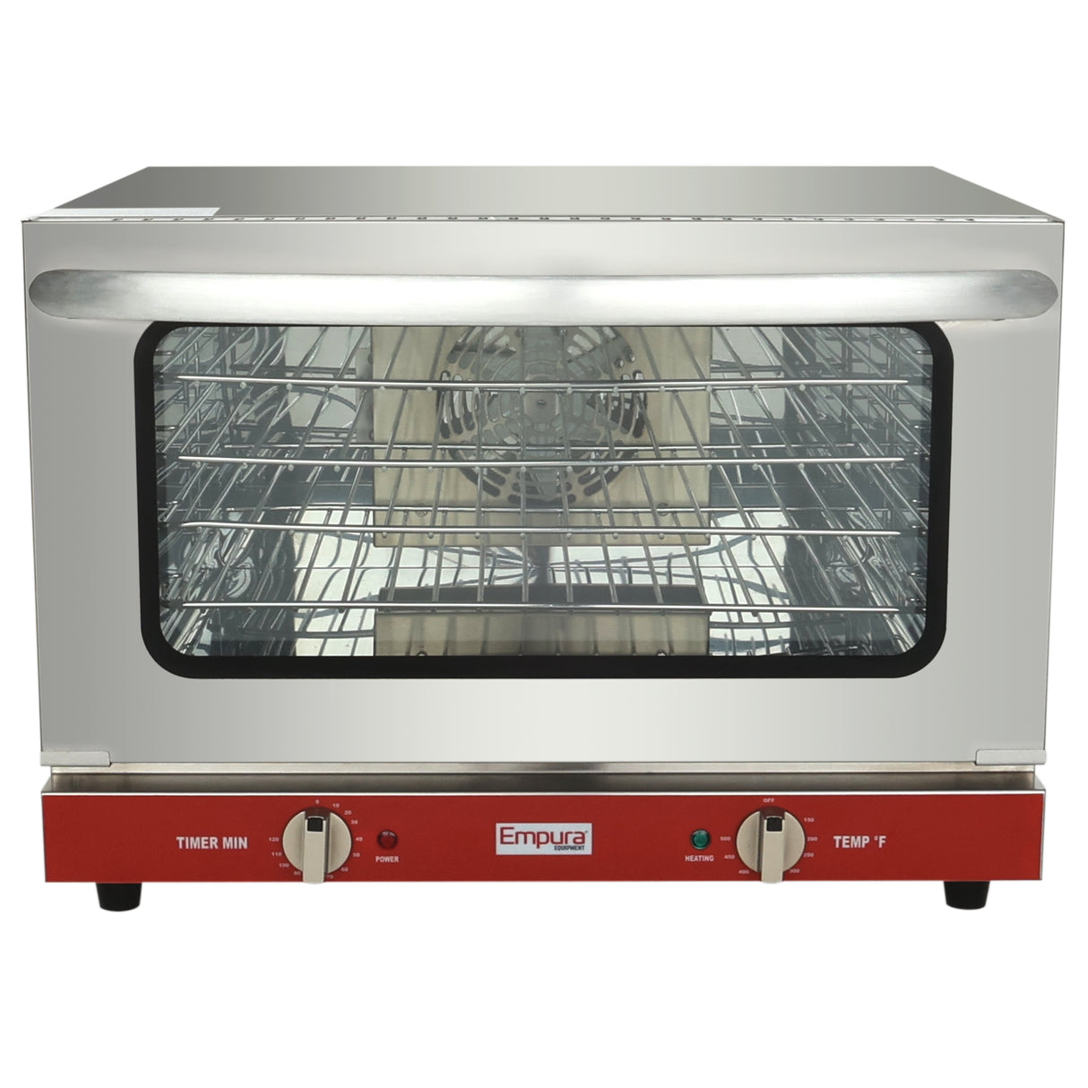 A stainless steel exterior Empura countertop convection oven with a large glass door, red base panel, two control knobs labeled TIMER MIN and TEMP °F, indicator lights, and three interior wire racks visible through the door.