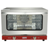 A stainless steel exterior Empura countertop convection oven with a large glass door, red base panel, two control knobs labeled TIMER MIN and TEMP °F, indicator lights, and three interior wire racks visible through the door.
