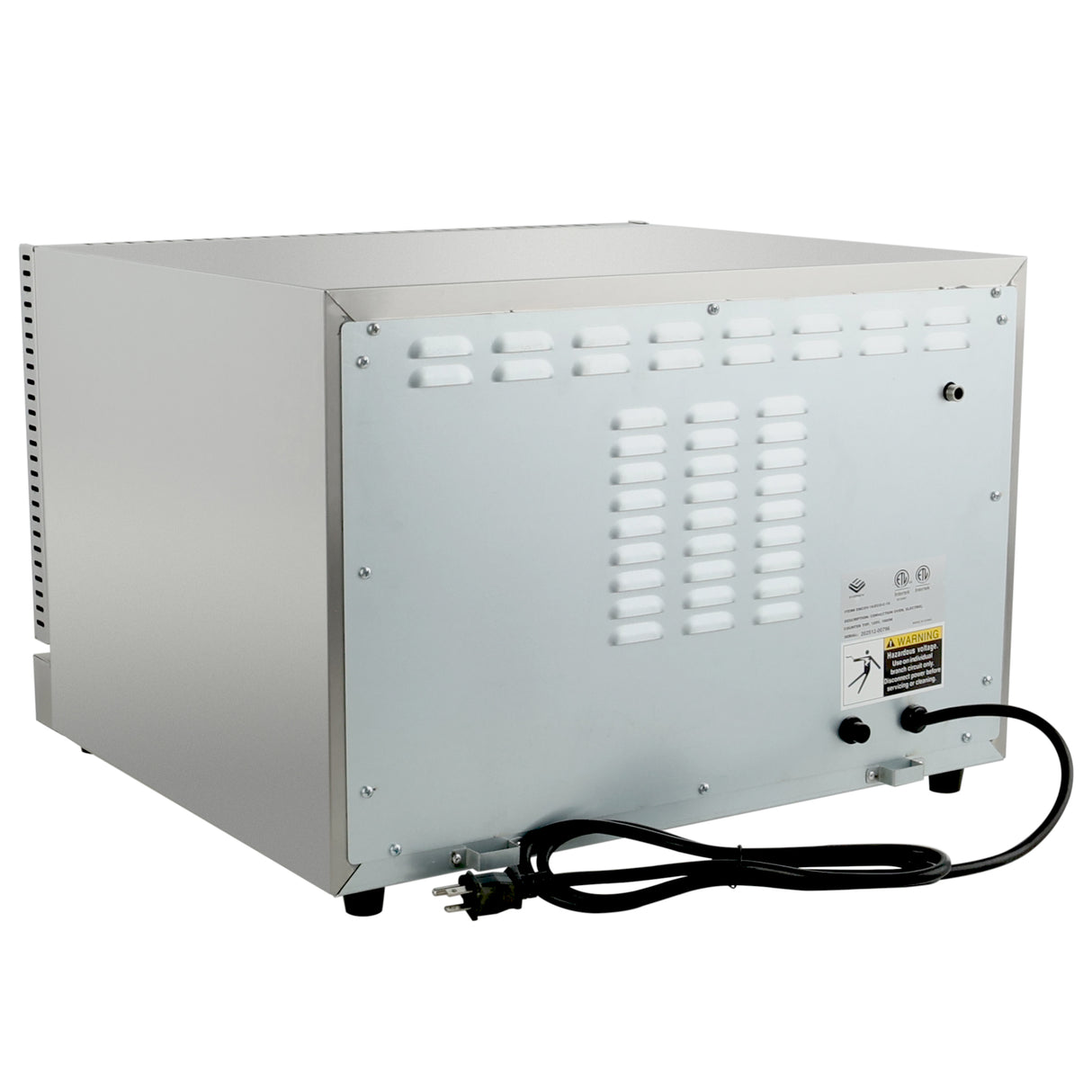 A silver, box-shaped countertop electric oven is viewed from the back, showing a vented metal panel, black power cord with plug, two black knobs, warning label, and small feet. The stainless steel exterior is smooth with ventilation slots and metal screws.