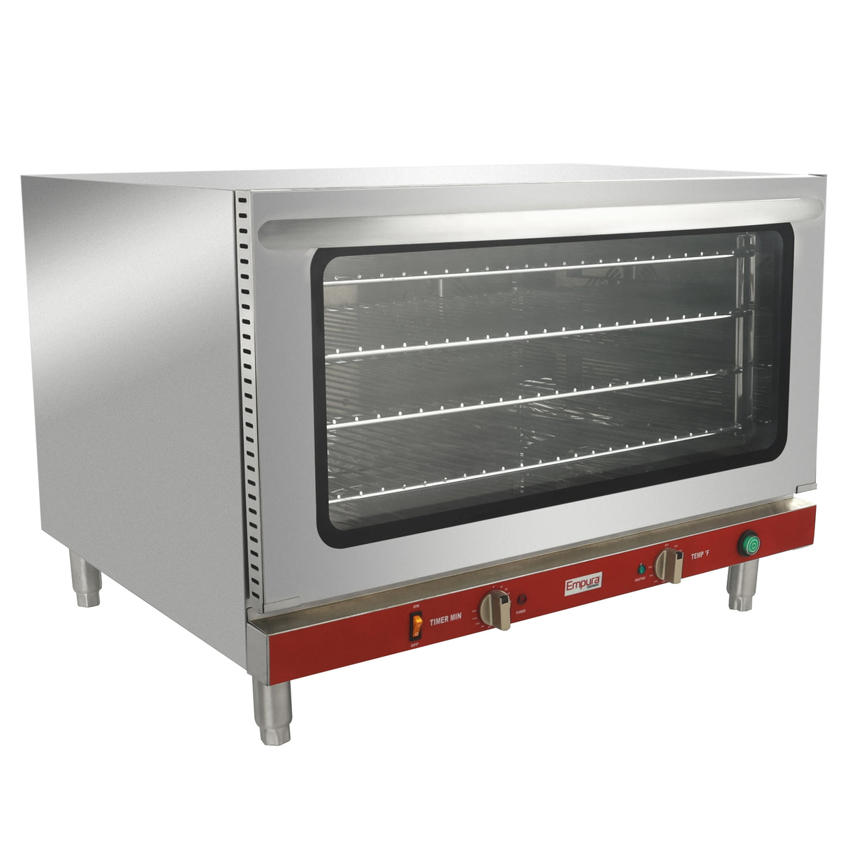 A stainless steel electric countertop convection oven with a large glass door, metal handle, and four adjustable wire racks. The oven features a red control panel with two knobs and indicator lights, and stands on four sturdy metal legs.