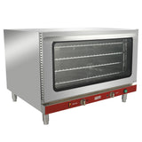A stainless steel electric countertop convection oven with a large glass door, metal handle, and four adjustable wire racks. The oven features a red control panel with two knobs and indicator lights, and stands on four sturdy metal legs.