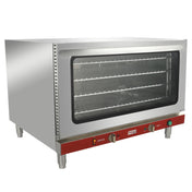 A stainless steel electric countertop convection oven with a large glass door, metal handle, and four adjustable wire racks. The oven features a red control panel with two knobs and indicator lights, and stands on four sturdy metal legs.