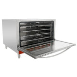 A stainless steel oven with convection technology stands on four short legs, its front door open to reveal four wire racks. This spacious electric countertop oven features a control panel set on the side, out of view in this image.