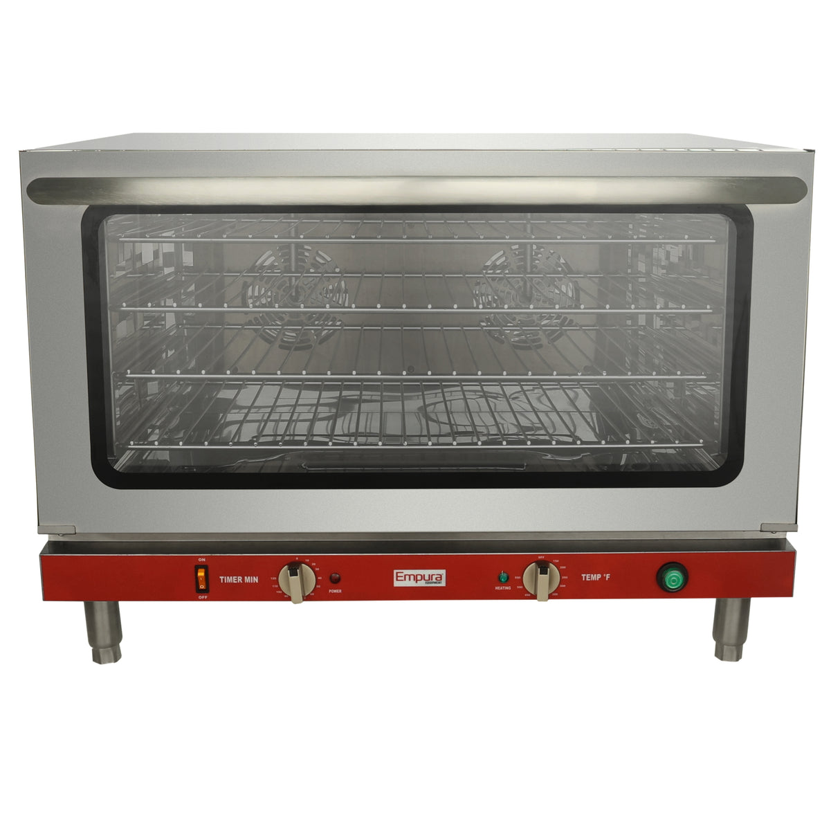 A stainless steel oven with a large glass door, three wire racks, two interior fans, and a red control panel with knobs, buttons, and indicator lights. This electric countertop oven stands on four sturdy metal legs.