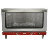 A stainless steel oven with a large glass door, three wire racks, two interior fans, and a red control panel with knobs, buttons, and indicator lights. This electric countertop oven stands on four sturdy metal legs.