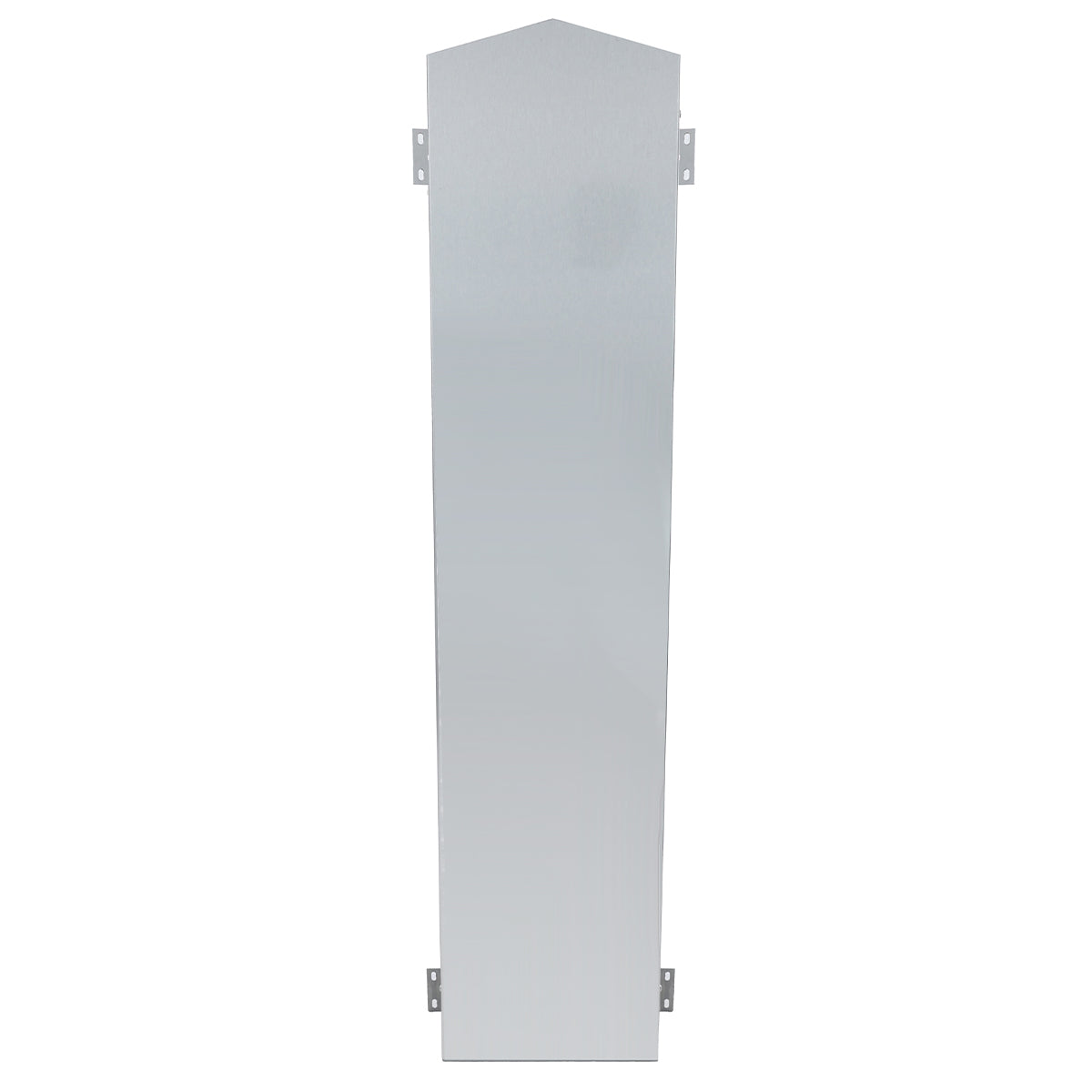 A tall, narrow, rectangular silver metal panel with a pointed top and flat bottom. Four metal brackets, two on each side, are attached for mounting. Smooth and reflective surface—perfect as an Empura gas convection oven stacking kit accessory. Background is plain white.