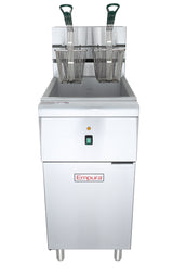 A commercial electric floor model fryer with a 40 lb capacity, featuring two wire baskets with green plastic handles. The front panel displays a power button and red “Empura” logo. This fryer stands on four legs and has a sleek, clean surface.