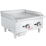 A stainless steel Empura countertop griddle with raised sides, two control knobs, and sturdy legs. The smooth, flat surface is ideal for cooking, and a small grease tray sits underneath this versatile natural gas griddle.