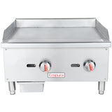 A stainless steel commercial natural gas griddle with two control knobs labeled “ON” and “OFF.” The brand “Empura” is centered below the knobs. This countertop griddle features raised side and back edges and stands on four short legs.