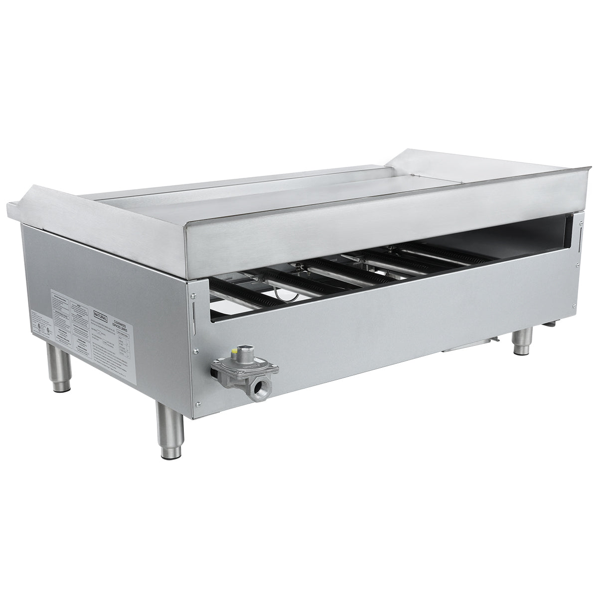 A large, rectangular commercial gas griddle with four sturdy legs, an open front panel revealing internal components, a control knob on the side, and a flat countertop griddle surface with raised edges and a rear splash guard.