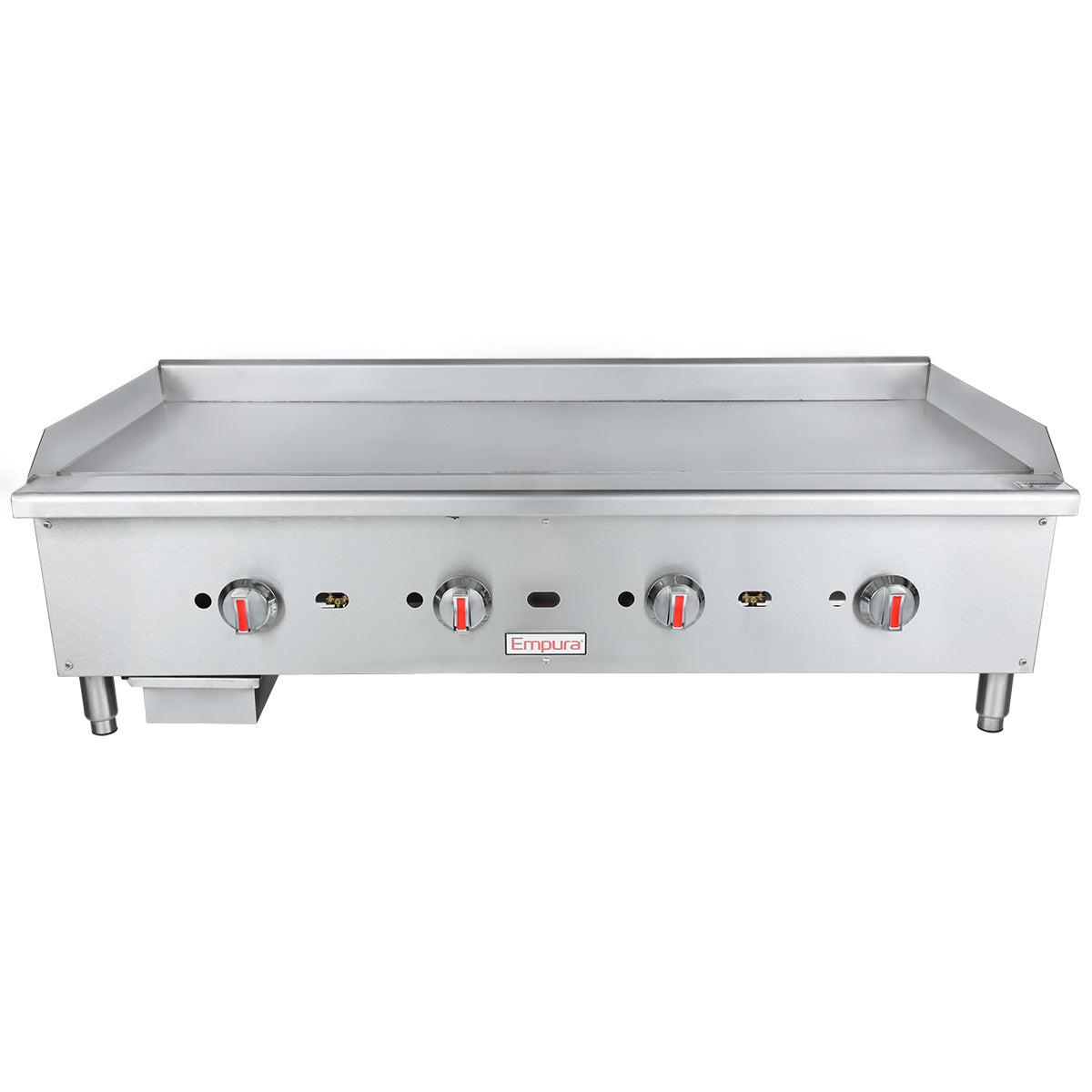 A large Empura stainless steel countertop griddle with four red-handled control knobs, a grease trough, adjustable feet, and a small grease tray on the left is perfect for any kitchen setup.