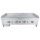 A large Empura stainless steel countertop griddle with four red-handled control knobs, a grease trough, adjustable feet, and a small grease tray on the left is perfect for any kitchen setup.