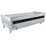 The Empura commercial countertop gas griddle features a large, rectangular stainless steel design with four short legs, a flat cooking surface, and a front control knob. Raised back and side edges complement the open front that reveals the burners underneath.