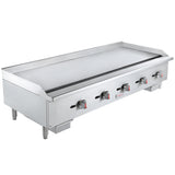 A large stainless steel countertop griddle with four control knobs, raised side and back splashes, and sturdy legs. The spacious, smooth flat surface is designed for professional kitchen or restaurant use as a reliable gas griddle.