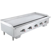 A large stainless steel countertop griddle with four control knobs, raised side and back splashes, and sturdy legs. The spacious, smooth flat surface is designed for professional kitchen or restaurant use as a reliable gas griddle.