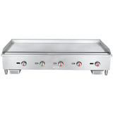 A stainless steel Empura countertop griddle with four control knobs and two grease trays at the bottom. The flat cooking surface sits above the controls, and this gas griddle stands on short legs for easy placement in commercial kitchens.