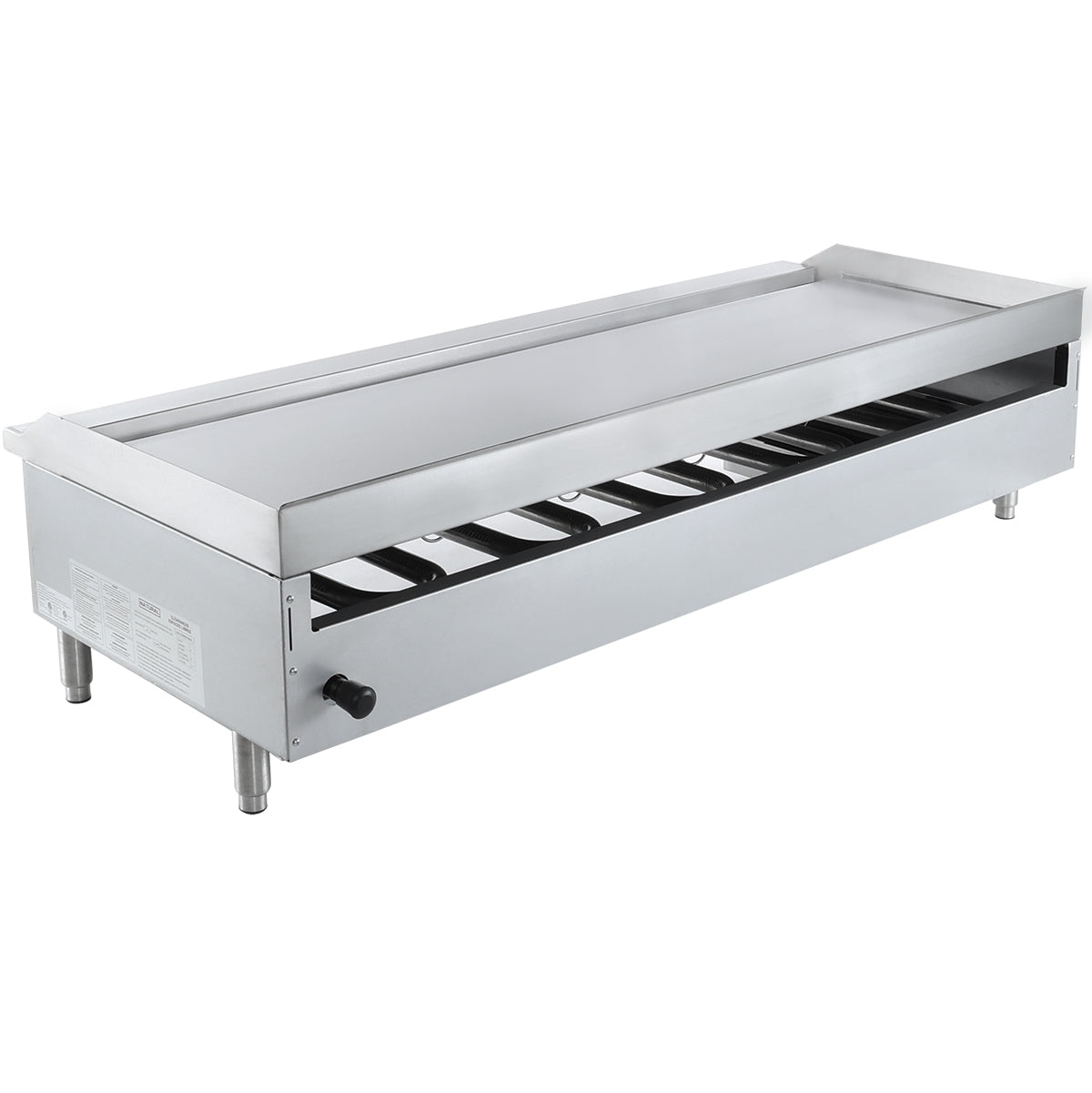 A large commercial stainless steel countertop griddle with raised edges and four short legs. It features a control knob on the front, visible burner elements underneath, and a simple, industrial design—ideal for commercial kitchens.