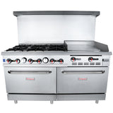 A 60 inch gas range featuring six burners, a flat griddle on the right, and two large oven doors below. Red and black control knobs sit above the ovens, while a high stainless steel backsplash completes this double base gas range.