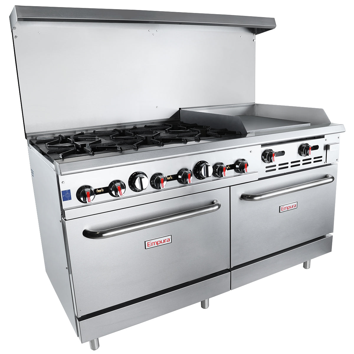 A large Empura commercial double base gas range features six natural gas burners, a right-side flat griddle, two oven doors below, and front control knobs. The brand is labeled on both oven doors.