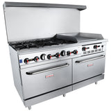 A large Empura commercial double base gas range features six natural gas burners, a right-side flat griddle, two oven doors below, and front control knobs. The brand is labeled on both oven doors.