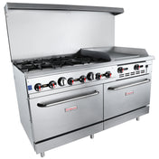 A large Empura commercial double base gas range features six natural gas burners, a right-side flat griddle, two oven doors below, and front control knobs. The brand is labeled on both oven doors.