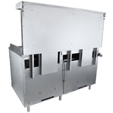 A large, industrial stainless steel dishwashing machine with a boxy, rectangular design, raised top lid, and multiple access panels and vents on the front and sides—ideal for kitchens with a double base gas range or commercial oven. The unit stands on four short legs.