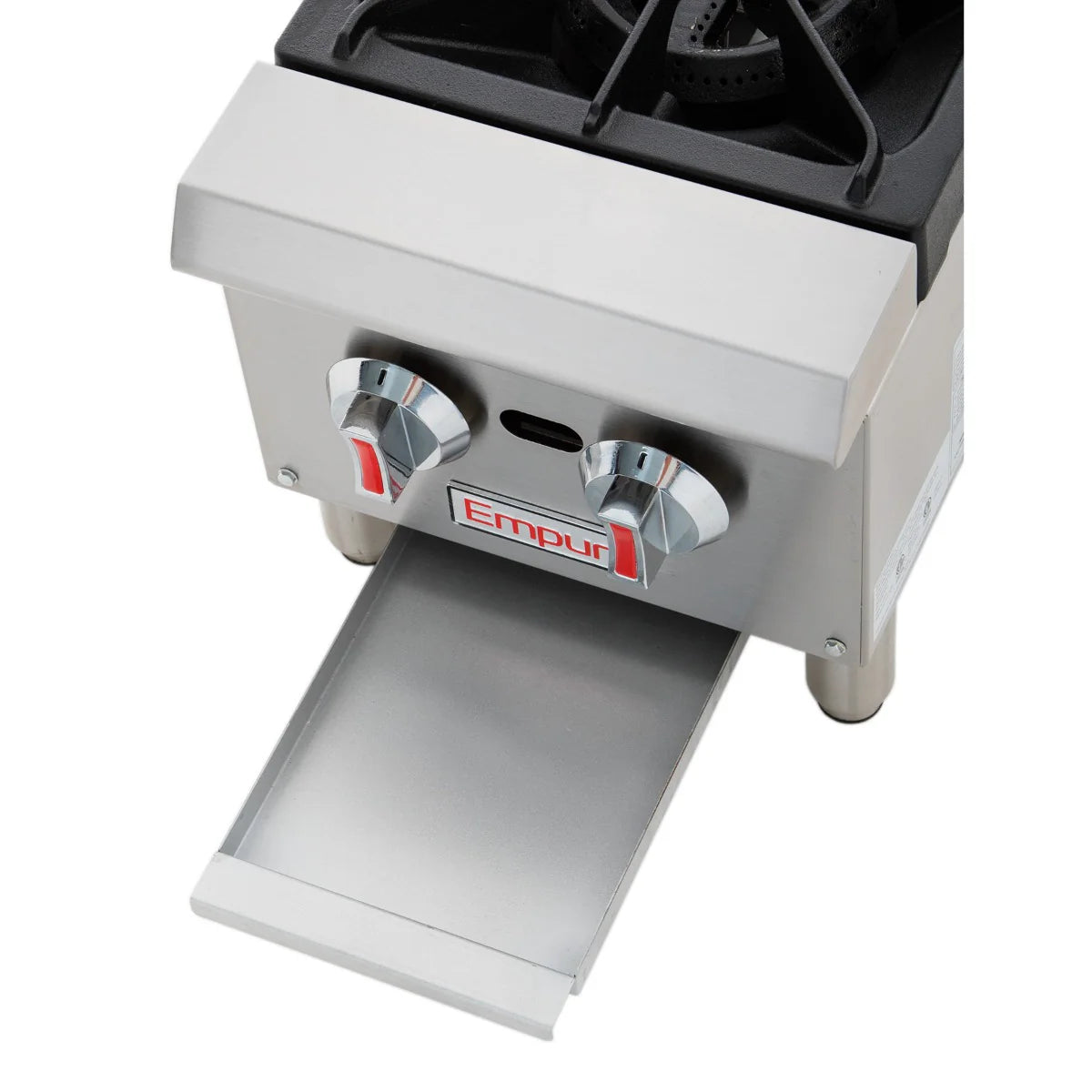 The Empura EHP-2 is a stainless steel countertop hot plate featuring two control knobs, a single black burner, and an open pull-out drip tray. The Empura brand name appears on a front label between the knobs.