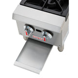 The Empura EHP-2 is a stainless steel countertop hot plate featuring two control knobs, a single black burner, and an open pull-out drip tray. The Empura brand name appears on a front label between the knobs.