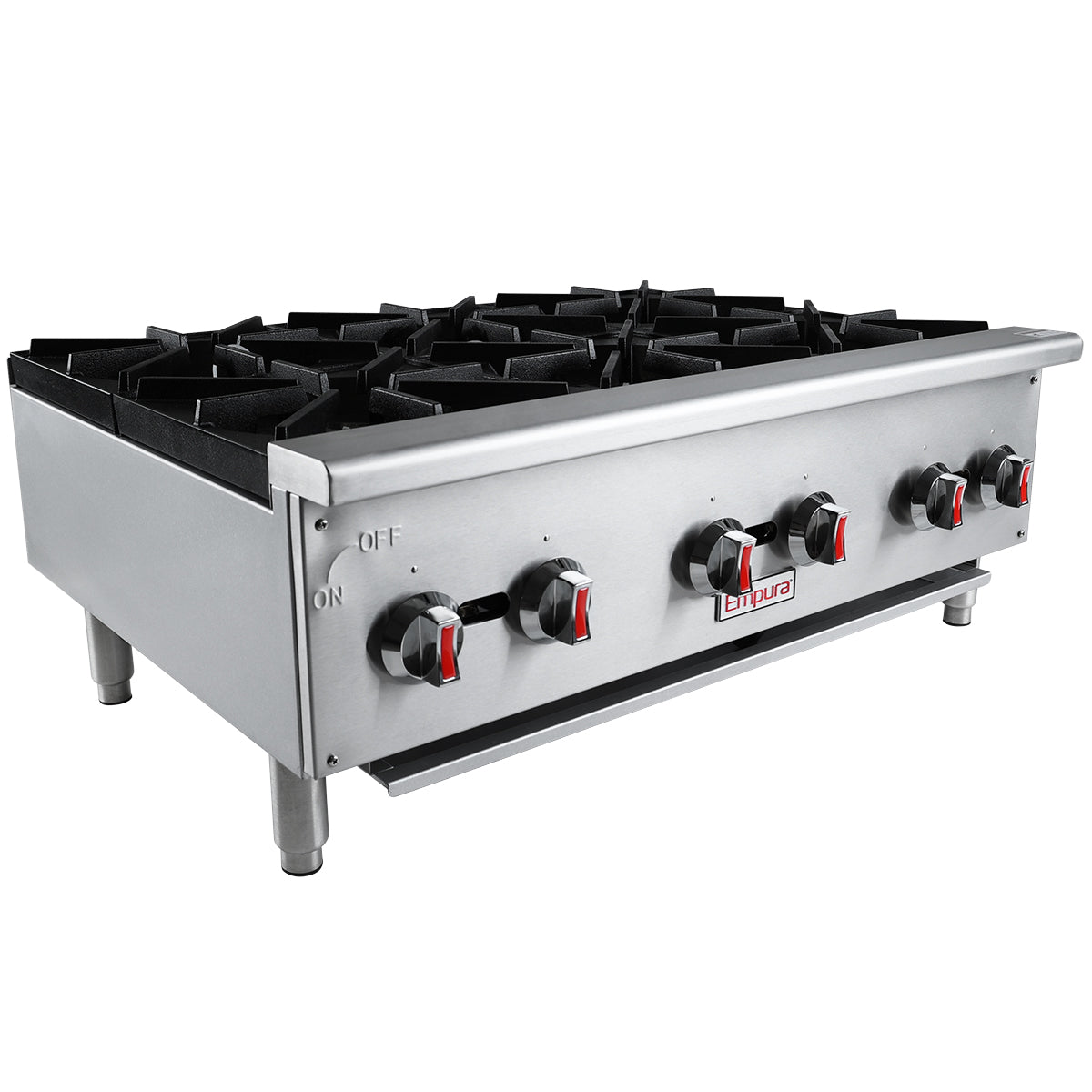 A commercial stainless steel gas countertop stove with six black cast iron top grates, red and black control knobs, and sturdy metal legs. The front panel features ON/OFF labels and a central brand logo. Ideal for countertop installation, shown at a slight angle.