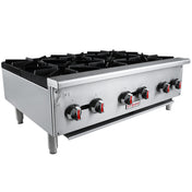 A commercial stainless steel gas countertop stove with six black cast iron top grates, red and black control knobs, and sturdy metal legs. The front panel features ON/OFF labels and a central brand logo. Ideal for countertop installation, shown at a slight angle.