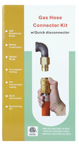 A product box for a 36" gas hose kit features a photo of a hand attaching a gas connector hose with a metal disconnector to a pipe. Text highlights 360° rotational ends, welded construction, and quick disconnect, on a blue and yellow background.