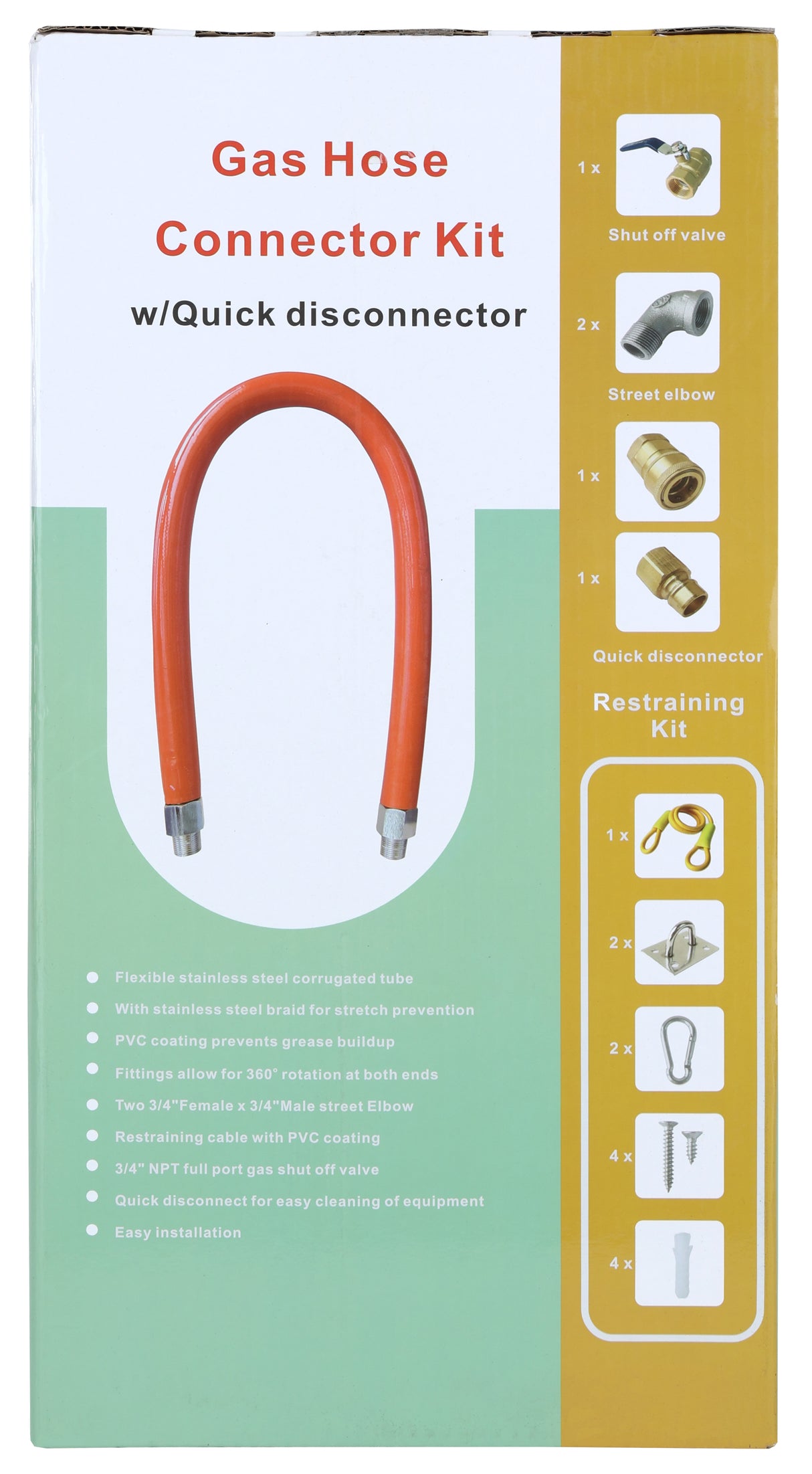 A box for a 36" gas hose kit with Quick Disconnect. The kit includes a flexible orange gas connector hose, shut off valve, two elbows, restraining kit, and mounting hardware. Features and images of each component appear on the right side of the box.