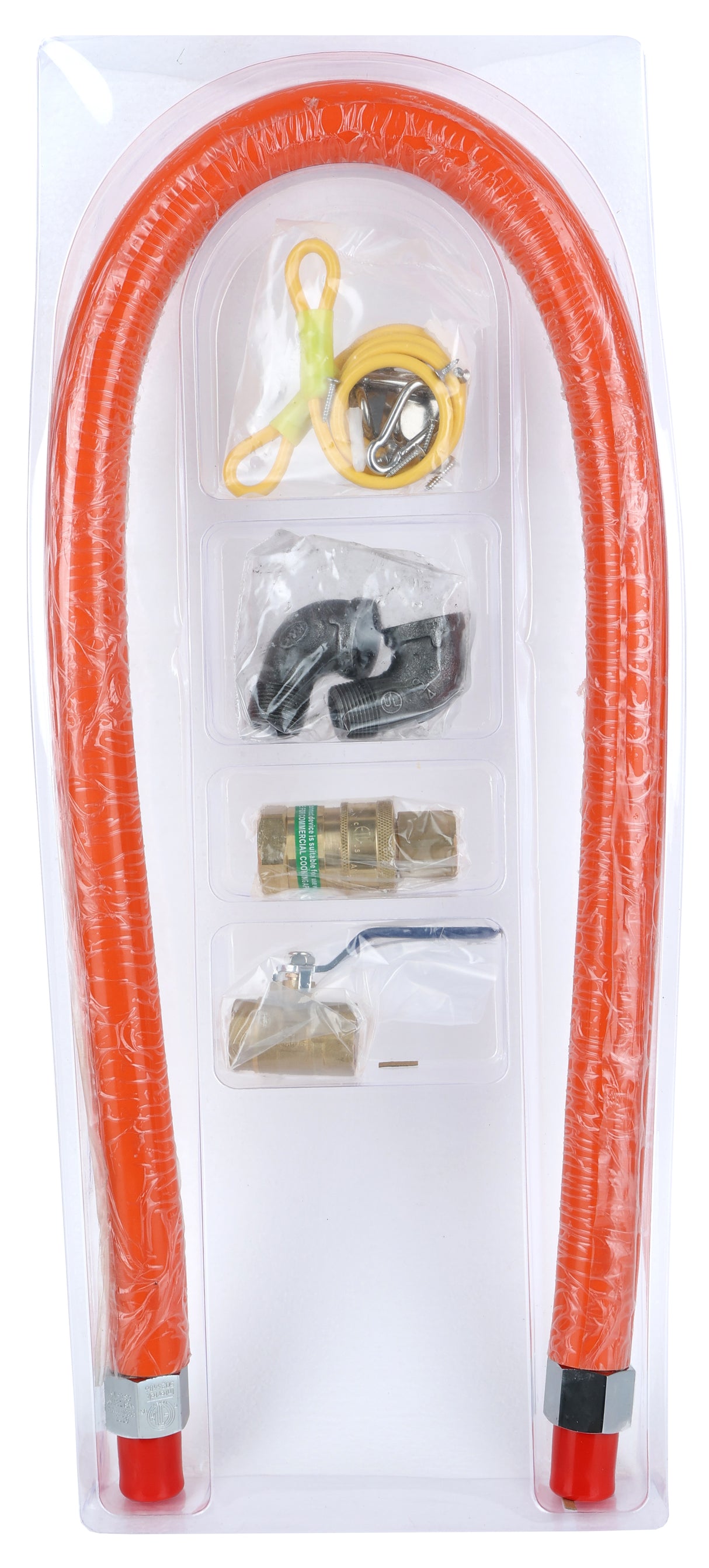 The Empura gas connector hose kit includes a 48" gas hose with metal connectors at both ends. The clear plastic case holds a yellow tape roll, clamps, fittings, and connectors, all neatly organized in separate compartments above the coiled hose.