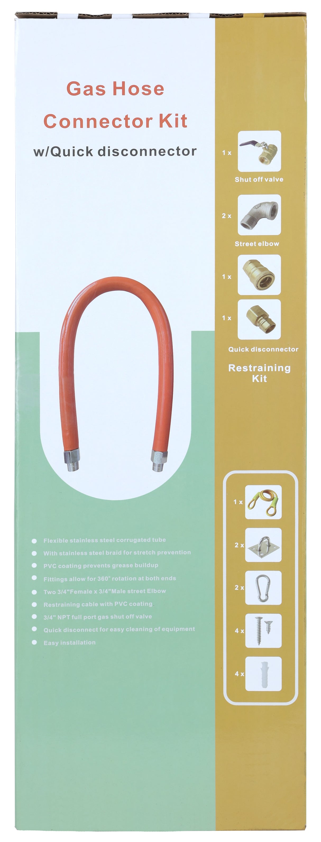 A product box labeled Gas Hose Connector Kit w/ Quick disconnector displays a 60" Gas Connector, illustrations of included parts (shut-off valve, street elbow, quick disconnector), and a features list on a white and brown background.