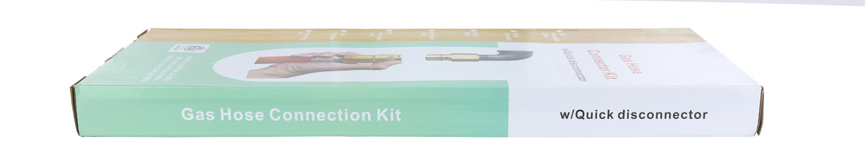 A rectangular box labeled Gas Hose Connection Kit w/Quick disconnector is shown. The mostly white box with a green section displays a hand holding a connected 60" Gas Connector on the top of the packaging.