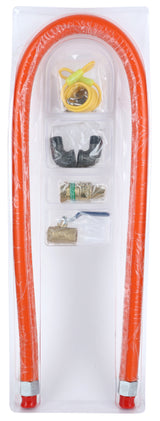 A plastic package contains a long, coiled orange 60" Gas Connector Hose, a brass valve, metal fittings, a tee-shaped pipe, and yellow sealing tape, all arranged neatly in separate compartments within the clear packaging.