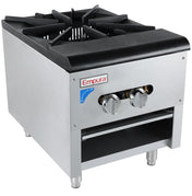 A stainless steel commercial countertop gas burner for natural gas, featuring black grates, two silver control knobs, an Empura logo, and ON/OFF label. Designed for countertop installation with four metal legs and a lower open storage shelf.