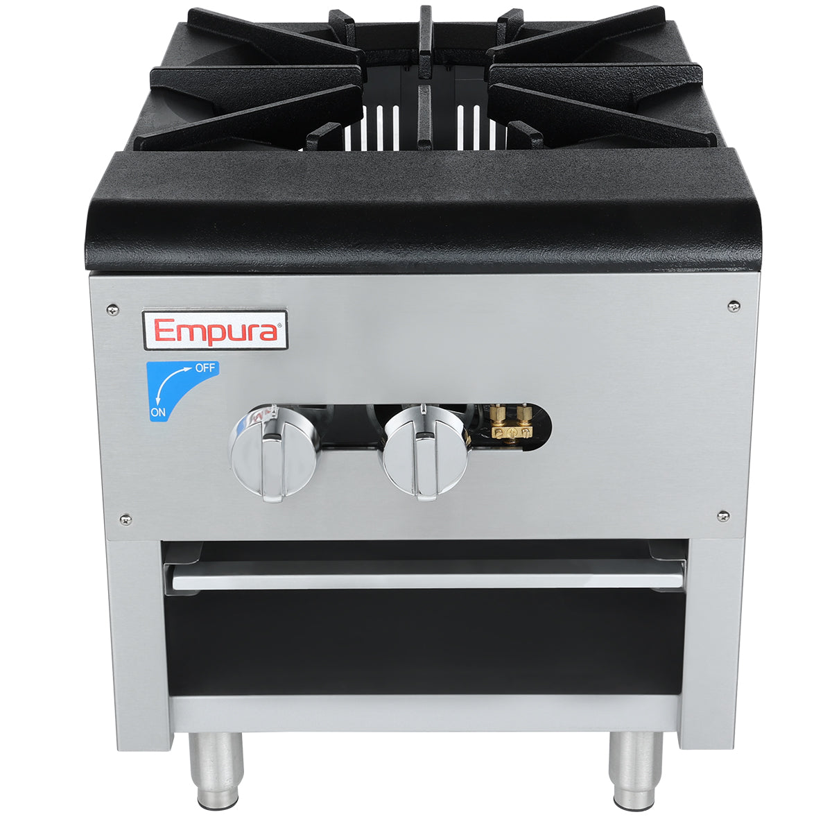 A stainless steel countertop stock pot range gas burner with two control knobs, black cast iron grate on top, Empura branding, and blue on/off label. The unit stands on four metal legs and features a small shelf beneath the knobs.